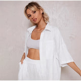 Joskaa Cotton Line Shirt 2 Piece Set Women Lapel Long Sleeve Lapel Blouses Suits Spring Casual High Waist Shorts Ladies Set