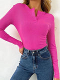 Joskaa V-Neck Cropped Top Women Shirts Sexy Long Sleeve Thread Fitting T-Shirt 2024 Spring Ladies Solid Tight Underlay