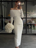 Joskaa White Off Shoulder Long Sleeve Dress Women Elegant Folds Slim Dresses Female Fashion French Solid Color Dress