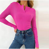 Joskaa V-Neck Cropped Top Women Shirts Sexy Long Sleeve Thread Fitting T-Shirt 2024 Spring Ladies Solid Tight Underlay