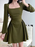 Joskaa Elegant French Style Dresses For Women Square Collar Long Sleeve Green Dress Vintage Temperament Bodycon Pleated Party Dresses