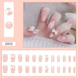 Joskaa 24Pcs False Nails Crystal Sequins with Pearl Diamond Decorations Ballerina Fake Nail Patch Back To School Nails