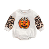 Halloween Joskaa Lioraitiin 0-18M Infant Baby Girls Halloween Bodysuit Pumpkin Leopard Print Long Sleeve Jumpsuits