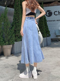 Joskaa Back To School Outfits Fashion New Ruffled Denim Skirts Women Summer 2024 New High Waist Wraps Long Skirt Female