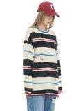 Joskaa Tawaaiw Retro Striped Sweater Women Loose Casual Pullovers Hip Hop Broken Hole Rainbow Sweater Streetwear Knitted Jumpers Autumn