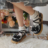 Joskaa Oraqwlj Japanese Sweet Lolita Shoes Rabbit Ears Bow Anime JK Women Ruffles Lace Round Head Kawaii Leather Shoes Mary Jane Shoes