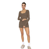 Joskaa Waffle Solid U Neck Long Sleeve Shorts Set Women Cropped Top High Waist Shorts 2 Piece Set Female Casual New Spring Sets