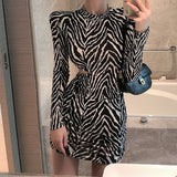 Joskaa Cyber Monday Sales 2024 Spring New Fashion Comfortable Casual Zebra Print Round Neck Long-Sleeved Women Wear With Pleated Slim Bottoming Dress