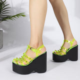 Joskaa Women Sandals High Heels Rhinestone Fashion Sandals Wedge Platform Fluorescent Green Plus Size Heel Sandals