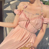 JOSKAA Summer Pink Casual Beach Fairy Dress  Boho France Elegant Strap Dress Women Chiffon Korean Style Sweet Party Midi Dress New