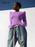 Joskaa 2024 O Neck Long Sleeve T Shirt Women Purple With Shoulder Paid Basic Autumn Casual Sexy Top Shirts Fashion