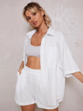 Joskaa Cotton Line Shirt 2 Piece Set Women Lapel Long Sleeve Lapel Blouses Suits Spring Casual High Waist Shorts Ladies Set