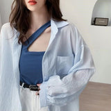 Joskaa HOUZHOU White Transparent Chiffon Blouse Chic Women Summer Oversize Puff Long Sleeve Shirt Korean Style Cardigan Basic Sheer Top