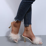 Joskaa 2024 New Pink White Women Sandals Sexy Open Toe Furry Fur Summer High-Heeled Pumps Ladies Metal Buckle Strap Wedding Party Shoes