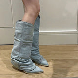 JOSKAA Country Concert Outfit Summer Pleats Blue Denim Thigh High Boots for Women 2024 Autumn Thick Heeled Pointed Toe Cowboy Boots Woman Slip On Western Long Boots