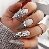 Joskaa 24pcs False Nails French Rhinestone Glitter Snowflake Fresh 2024 Summer New Wearable Acrylic Full Cover Press on Nail Tips