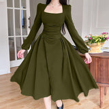 Joskaa Elegant French Style Dresses For Women Square Collar Long Sleeve Green Dress Vintage Temperament Bodycon Pleated Party Dresses