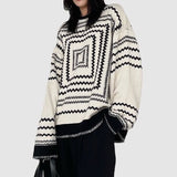 Joskaa Deeptown Korean Style Knitted Sweater Women Oversize Geometric Pattern Striped Streetwear Pullover Long Sleeve Jumper Fall