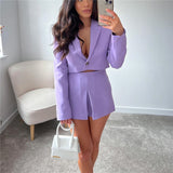 Joskaa Woman Sweet Purple Short Blazer Suit 2024 Spring Casual Solid Straight Blazers Suits Ladies High Street Skirt Shorts Sets