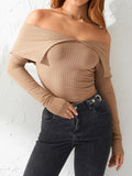 Joskaa Wsevypo Off-Shoulder Knitted Ribbed Crop Tops Fall Spring Casual Women Long Sleeve Lapel Slash Neck Pullovers Slim Fit Jumpers