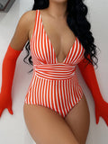 Joskaa 2024 Striped One Piece Swimsuit Vintage Swimwear Women V-neck Bathing Swimming Suit Female Summer Beachwear Bodysuit