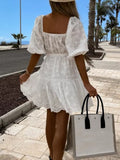 Joskaa hoco dresses Casual Loose Tassel V Neck Beach Dress Women Elegant Flare Sleeve A-Line Party Dress Sexy Hollow Out Embroidery White Mini Dress