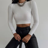 Joskaa O-Neck Cropped Knitted Top Women Shirts Sexy Long Sleeve Thread Fitting T-Shirt 2024 Spring Ladies Solid Slim Tops