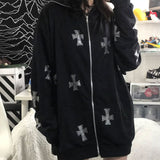 Joskaa Y2K Rhinestone Skeleton Hoodies Women Gothic Black Zip Up Oversized Sweatshirts Autumn Female Harajuku Hooded Jacket Streetwear