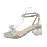 Pearl Ankle Strap Clear Heels Sandals Women 2022 Summer Transparent PVC Sandalias Mujer Open Toe Square Heels Party Shoes