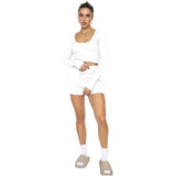 Joskaa Waffle Solid U Neck Long Sleeve Shorts Set Women Cropped Top High Waist Shorts 2 Piece Set Female Casual New Spring Sets