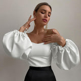 Joskaa Back to school  Elegant Women's T Shirt Slash Neck Lantern Sleeve Bandage Solid White Tops 2024 Spring Casual Slim Office Lady Tee Tunic