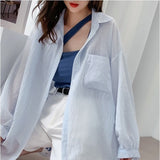 Joskaa HOUZHOU White Transparent Chiffon Blouse Chic Women Summer Oversize Puff Long Sleeve Shirt Korean Style Cardigan Basic Sheer Top