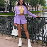 Joskaa Woman Sweet Purple Short Blazer Suit 2024 Spring Casual Solid Straight Blazers Suits Ladies High Street Skirt Shorts Sets