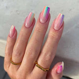 Joskaa 24pcs Short Square Fake Nails French Colorful False Nails Pink Cloud Full Cover  Press on Nails Summer Nail