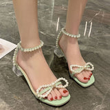 Pearl Ankle Strap Clear Heels Sandals Women 2022 Summer Transparent PVC Sandalias Mujer Open Toe Square Heels Party Shoes