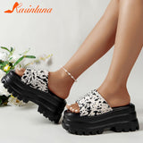 Joskaa 2024 Summer Brand New Women Single Band Platform Sandals Black Nylon Chunky Platform Wedges Slipper Sandals