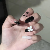 Joskaa 24PCS Glitter Nails Set Press On With Adhesive Strips Korean Cute Black Heart Design Fake Nails Full Coverage Nails for girls