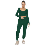 Joskaa Waffle Solid U Neck Long Sleeve Pants Set Women Cropped Top High Waist Trouser 2 Piece Set Female Casual Pantsuits