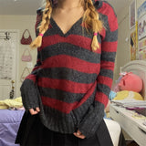 Joskaa Kawaii Striped Knitted Sweaters Women Elegant Oversized Pullovers Harajuku Sweater Tops Punk Fairy Grunge Streetwear