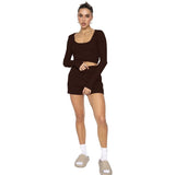 Joskaa Waffle Solid U Neck Long Sleeve Shorts Set Women Cropped Top High Waist Shorts 2 Piece Set Female Casual New Spring Sets