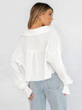 Joskaa Oversize White Pleated Shirt Ladys Chic Drop Shoulder Lapels Crop Top Spring Female Loose High Street Cropped Shirts