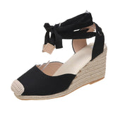 Joskaa Women's Wedges Espadrilles Sandals Summer 2024 Ankle Strap Gladiator Sandals Woman Casual Hemp Bottom Canvas Pumps Shoes