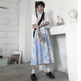 Joskaa Back To School Outfits 2024 New Sweet Blue Tie-dye Skirts Women Korean Fashion High Waist Harajuku Loose Long Skirt Woman