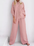 Joskaa Cotton Line Long Sleeve Blouses 2 Piece Sets Women Pink Shirt Set 2024 new Lady casual High Waist Pants Pajamas Suit