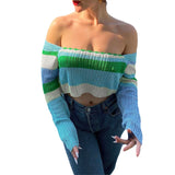 Joskaa Wsevypo Off-The-Shoulder Knitted Crop Tops Spring Fall Chic Women Long Sleeve Pullover Sweaters Color Block Jumpers Streetwear