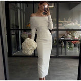 Joskaa White Off Shoulder Long Sleeve Dress Women Elegant Folds Slim Dresses Female Fashion French Solid Color Dress