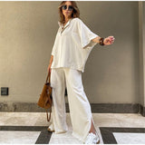 Joskaa Casual Lapel Short Sleeve Top 2 Piece Set Women Loose Middle Sleeve Tops Suits Suits Female Wide Leg Split Pants Suit