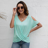 Joskaa Sexy Women V-neck Off Shoulder Solid Color T-shirts Top Summer New Short Sleeve Casual Loose Cross Tie Up Tee Pullover Black XXL