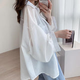 Joskaa HOUZHOU White Transparent Chiffon Blouse Chic Women Summer Oversize Puff Long Sleeve Shirt Korean Style Cardigan Basic Sheer Top