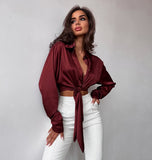 Joskaa Sexy Lace Up Lapels Blouses Lady Vintage Long Sleeves Female Cropped Tops 2024 Spring Casual Brown Party Club Shirts